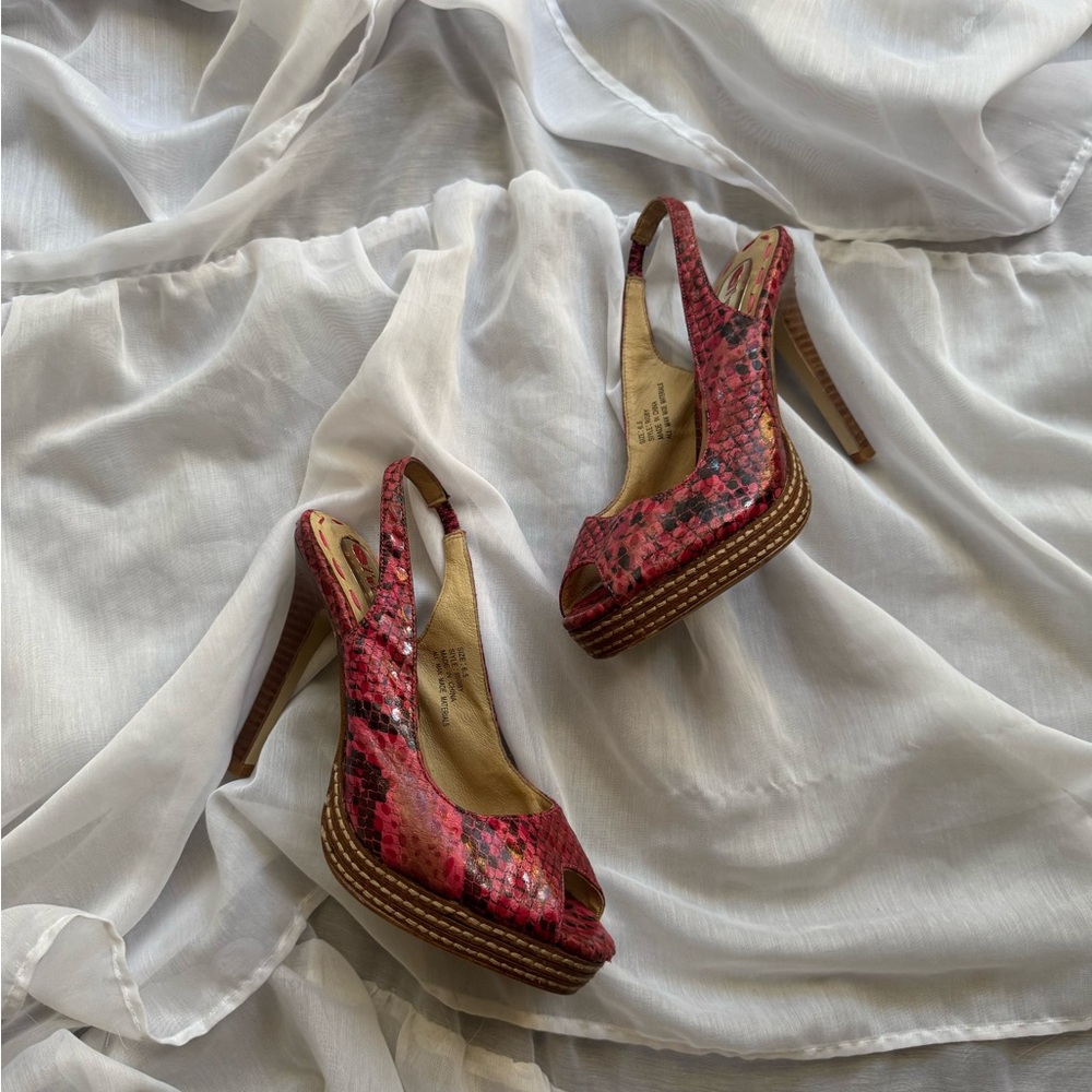 Two Lips Faux Snakeskin Peep Toe Slingback Pumps